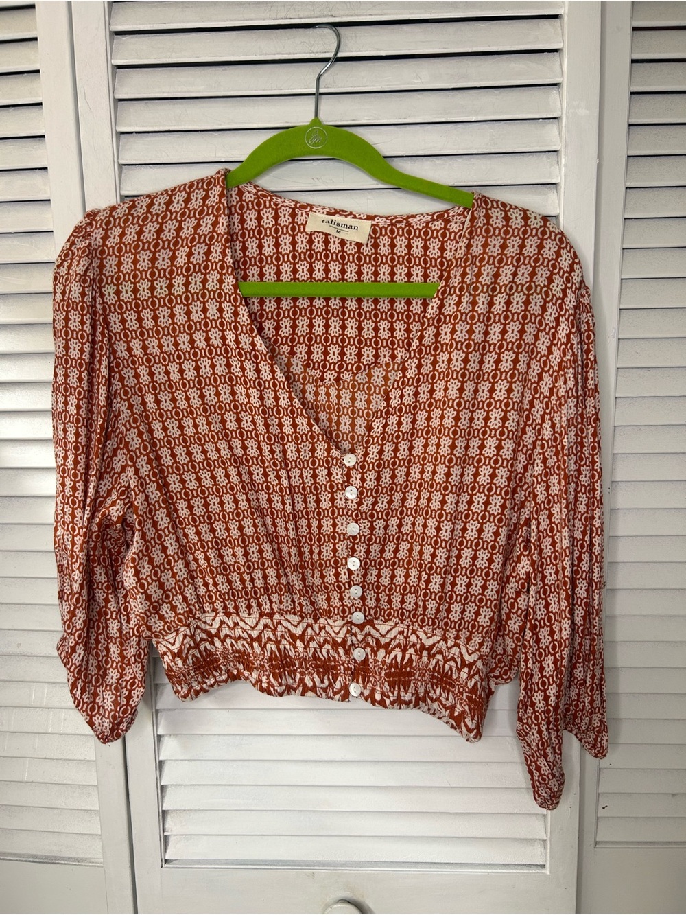 Talisman Rust Printed Button-Front Cropped Blouse Size M